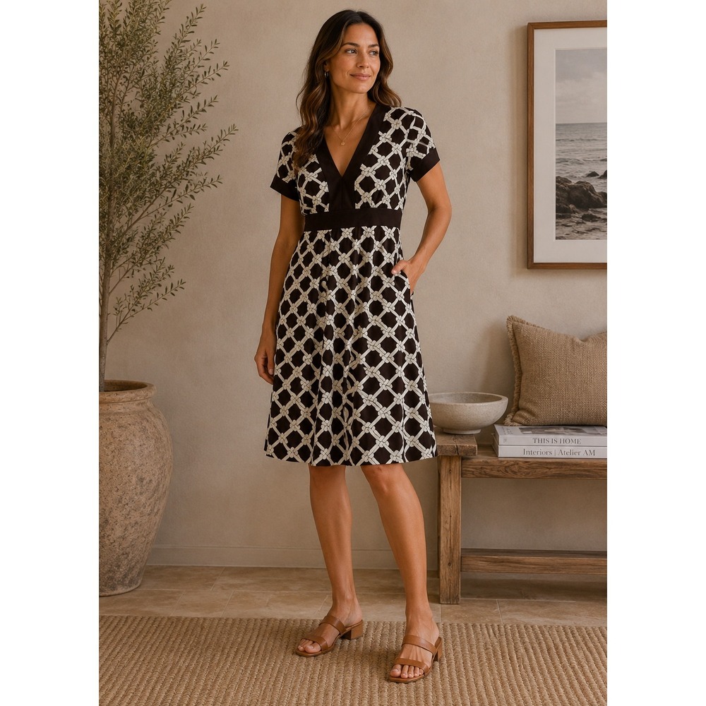 Banana Republic Dress Womens 6 Brown Geometric Silk Retro Mod Career Y2K‎